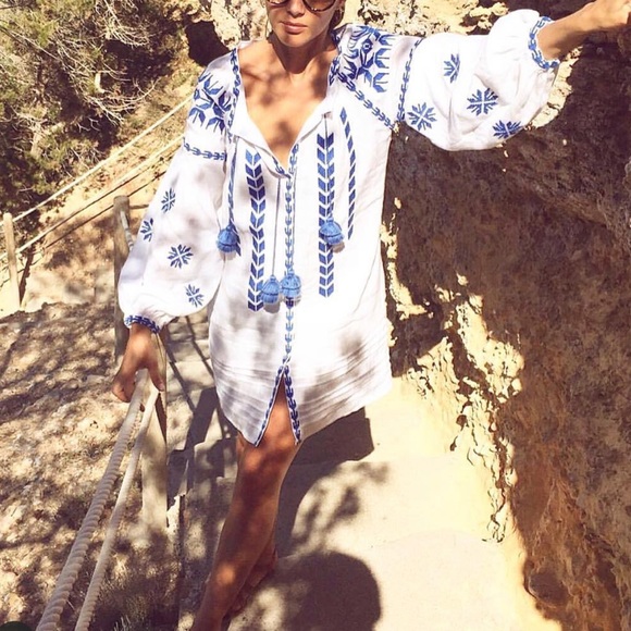 MARCH 11 Tunic Dress White Linen Embroidered Balloon Sleeve Peasant Button Front - Picture 3 of 11